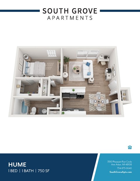 Floor plan for 1 bed, 1 bath, 750 sqft
